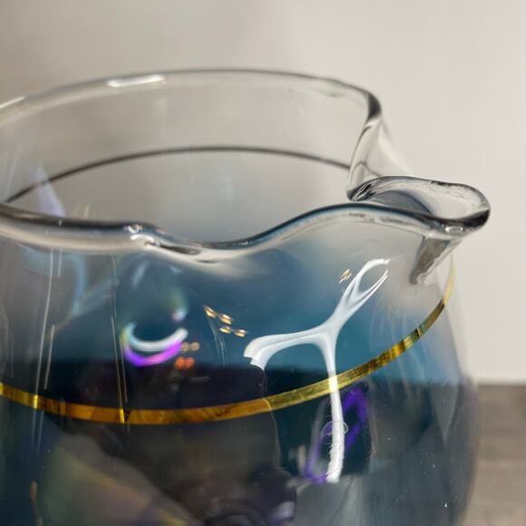 Rare Vintage MCM Blendo Blue Iridescent Brandy Snifter Pitcher With Gold Trim - Picture 2 of 8